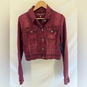 Miss Me Denim Crop Red Wine Color Jacket Rhinestone Bedazzled Cross Size L NWT